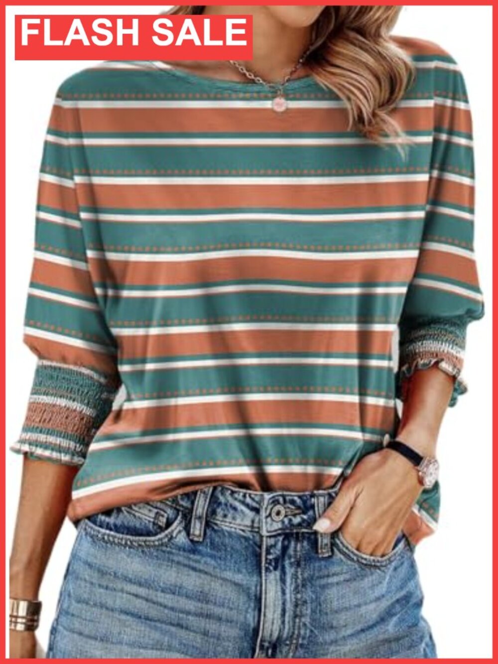 Women's 3/4 Sleeve Round Neck Basic Tee Loose Fit Pleated Tunic Top